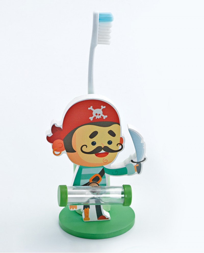 Reloj de arena con un simpático pirata, con porta cepillo de dientes