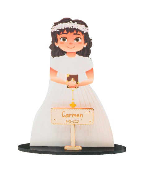 Figura para tarta de niña morena de comunión con misal personalizable. con referencia DOP-7656 y un precio de 8,75 € de la se...