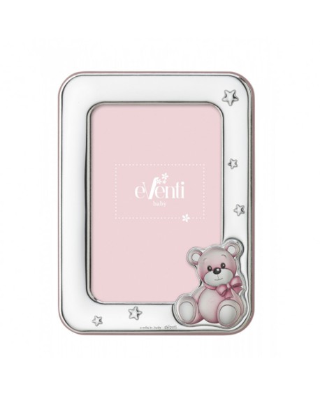 Portafotos infantil de plata bilaminada de oso sentado en rosa pastel