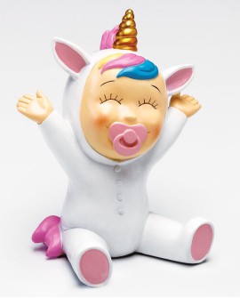 Figura para tarta y hucha de una bebé unicornio feliz.
