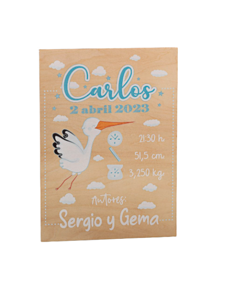 Cartel de madera con datos del bebé con cigüeña en tonos azules. con referencia DOP-7435 y un precio de 32,95 € de la sección...