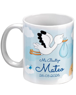 Taza de desayuno con bebé y cigüeña en azul celeste. con referencia DOP-1577 y un precio de 4,25 € de la sección detalles par...