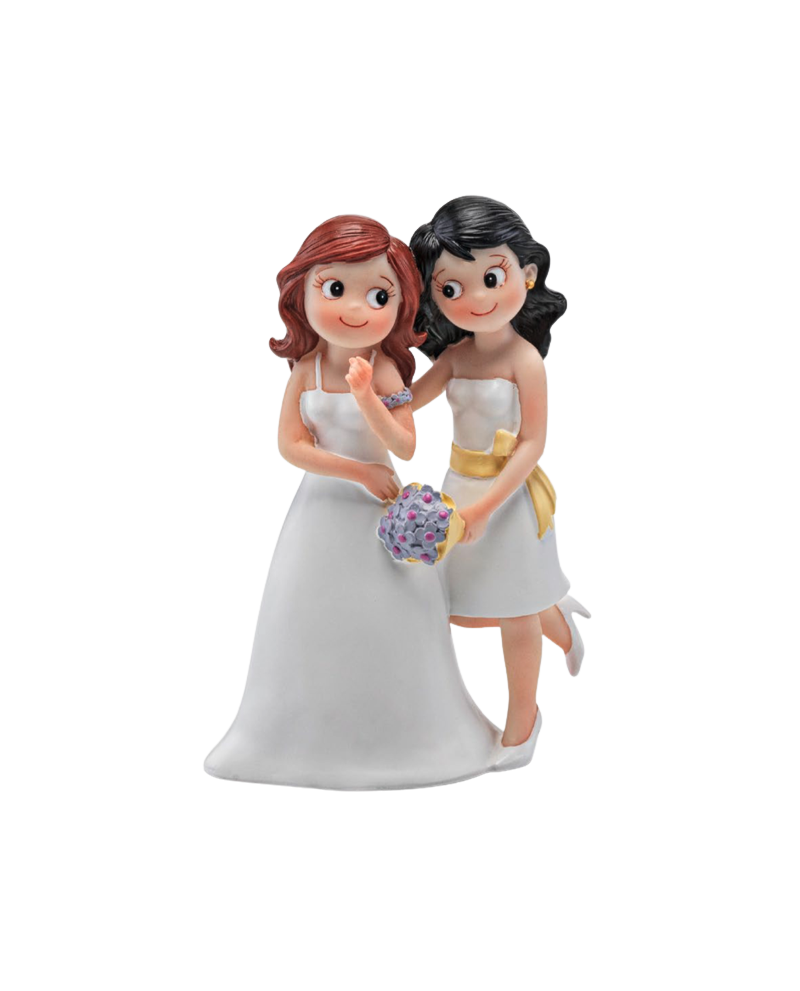 Figura de tarta para boda gay de pareja de chicas con ramo de flores