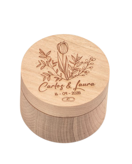 Caja de madera para alianzas con flores personalizada.
