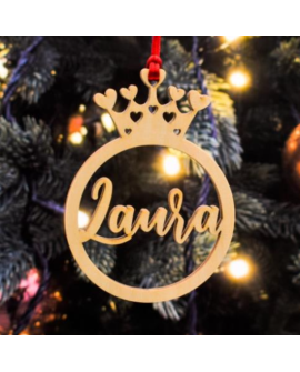 Colgante navideño con corona de princesa en madera personalizable con nombre.