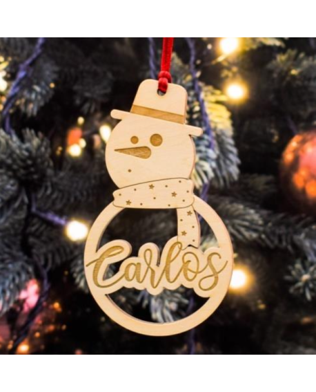 Colgante navideño muñeco de nieve en madera personalizable con nombre.